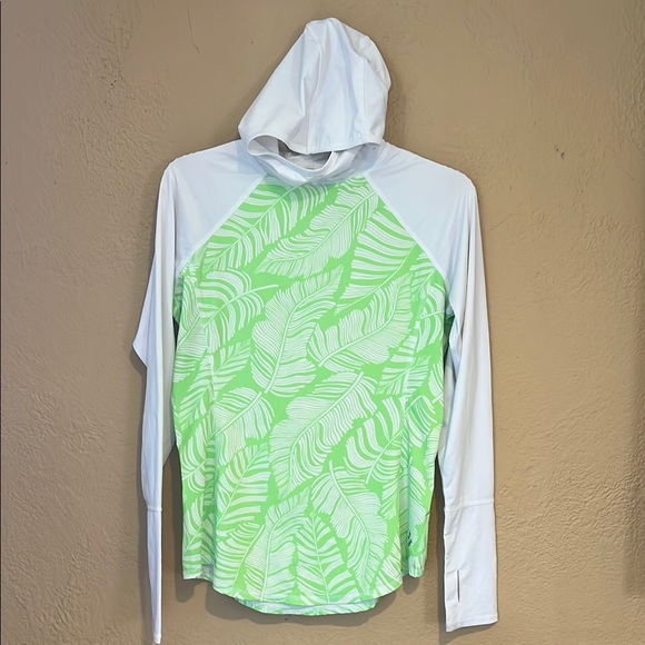 Jofit Tops - Jofit Green and White Leaf Print Hooded Long Sleeve Athletic Top